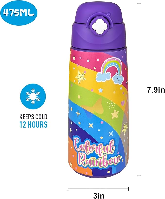 Kids Insulated Water Bottle with Covered Pop-Up Straw,16oz Kids Cups with Stainless Steel Leak Proof for School Boys Girls（Purple Rainbow）