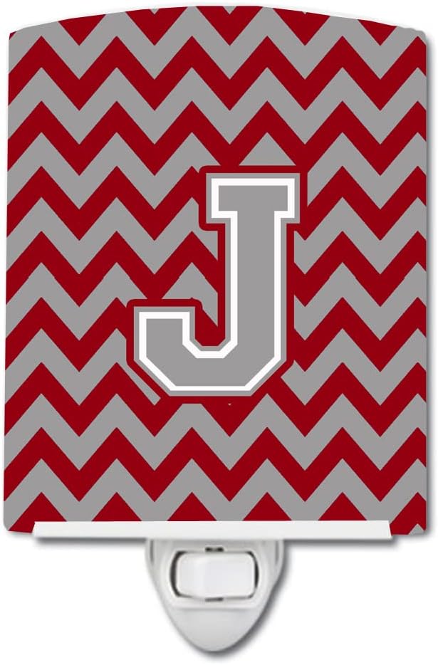 Caroline's Treasures CJ1043-JCNL Letter J Chevron Crimson and Grey Ceramic Night Light Compact, UL-Certified, Ideal for Bedroom, Bathroom, Nursery, Hallway, Kitchen, 6x4x3, Multicolor