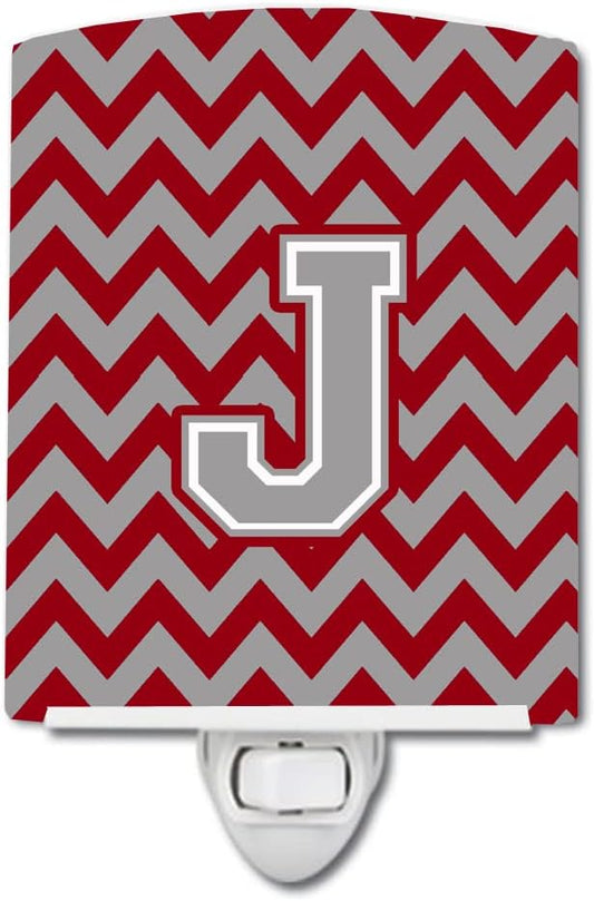 Caroline's Treasures CJ1043-JCNL Letter J Chevron Crimson and Grey Ceramic Night Light Compact, UL-Certified, Ideal for Bedroom, Bathroom, Nursery, Hallway, Kitchen, 6x4x3, Multicolor