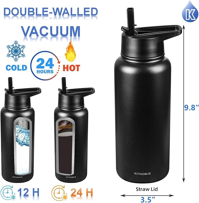 Water Bottle Insulated 32oz Straw Lid, Leak Proof, Vacuum Insulated,Stainless Steel Water Bottle Wide Mouth for Sports, Gym, BPA-Free Keep Cold 24H Hot 12H (BLACK)