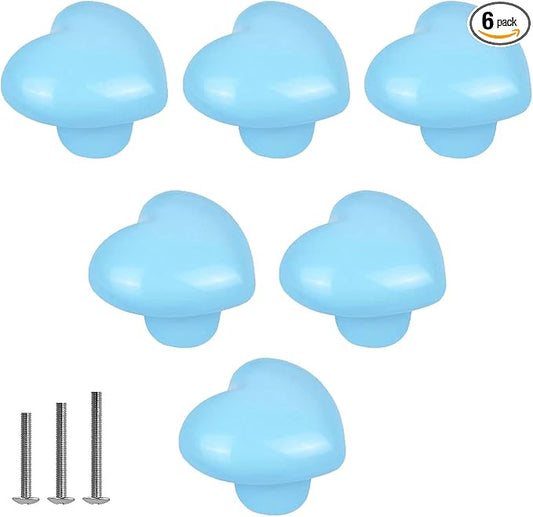 Cute Glossy Dresser Knobs Pink Ceramic Drawer Door Knobs Love Heart Shape Cabinet Cupboard Pull Handles Lovely Hardware Closet Knobs for Kids Girls Children's Bedroom (Blue-6pack)