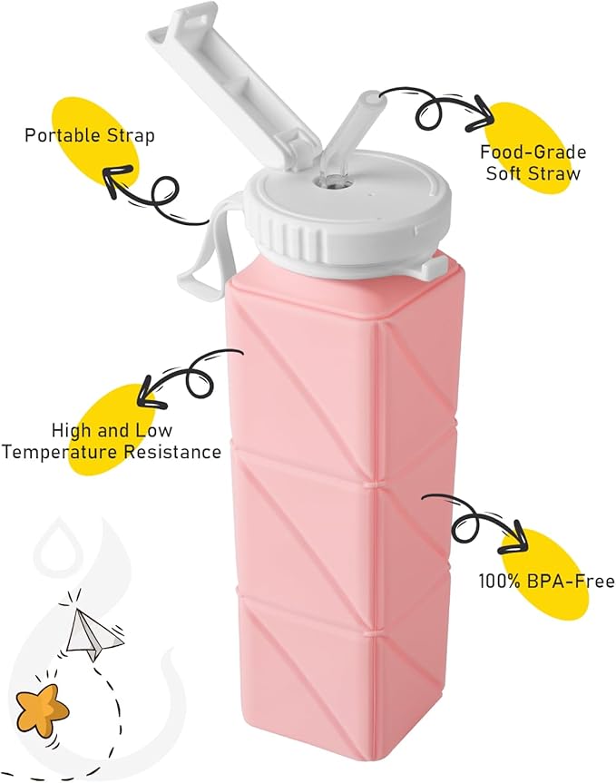 Opard Collapsible Water Bottles 21 Oz - BPA Free, Leak Proof, Foldable Silicone Collapse Water Bottle with Straw, Easy to Compact and Expandable, Travel Essentials Accessories (Green + Pink)