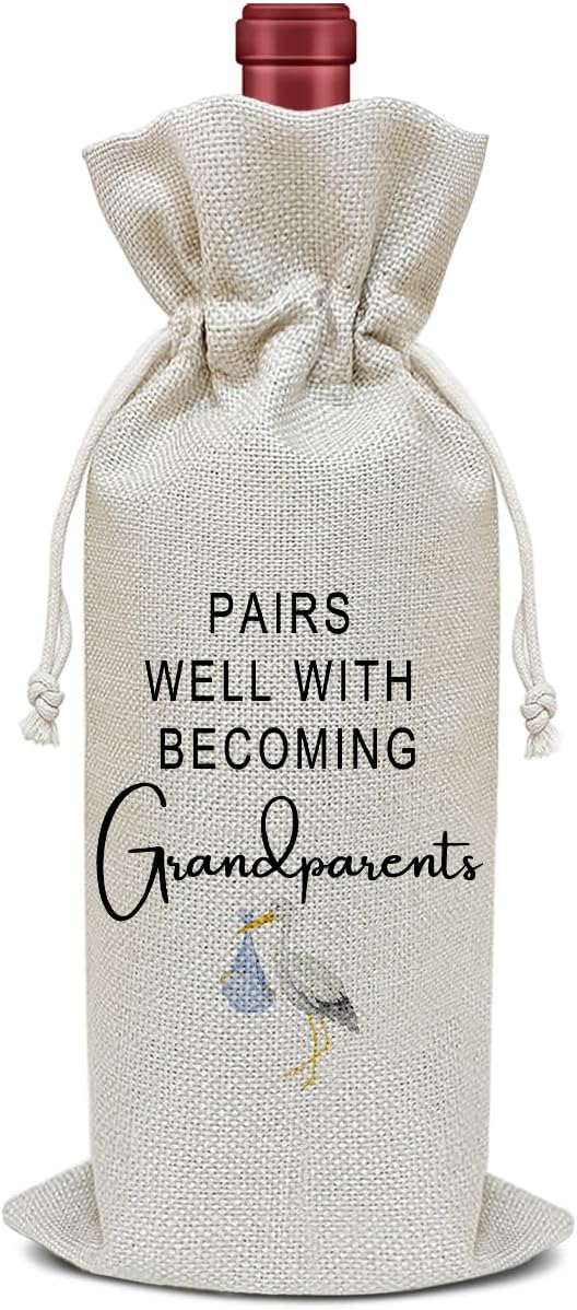 Pregnancy Announcement Wine Bag, New Grandparents Gift Funny Wine Gifts for Women Men, Party Favor Wine Champagne Gift Bag With Drawstring -05