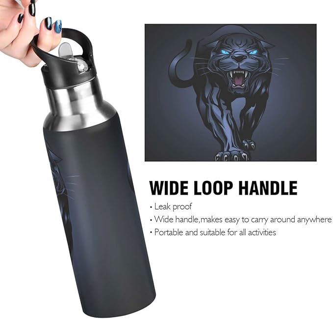 senya 34 Oz Water Bottle with Straw Roaring Black Panther Stainless Steel Water Bottle for Traveling Sports Leakproof Insulated Water Bottle