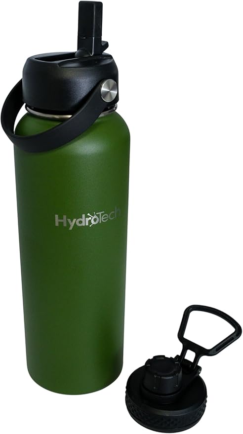 HydroTech Stainless Steel Leak Proof Water Bottle with Double Wall Insulation and 2 Lids (Straw Lid) - 40 OZ. (Dark Green)