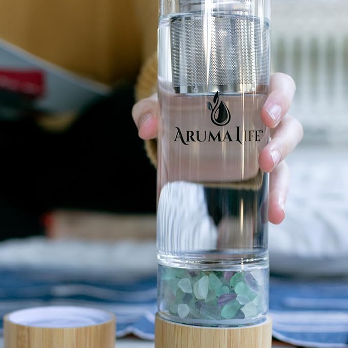 Crystal Water Bottle plus Loose-Leaf Tea/Fruit Infuser, Safe for Hot and Cold Drinks, Eco-friendly Plus BONUS Protective Sleeve & Extra Set of Crystals Coloured Fluorite & Yellow Jasper