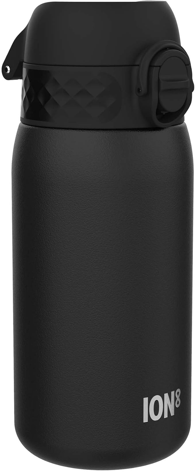 Ion8 Kids Water Bottle, Steel 400 ml/13 oz, Leak Proof, Easy to Open, Secure Lock, Dishwasher Safe, Hygienic Flip Cover, Carry Handle, Easy Clean, Durable, Scratch Resistant, Carbon Neutral, Black
