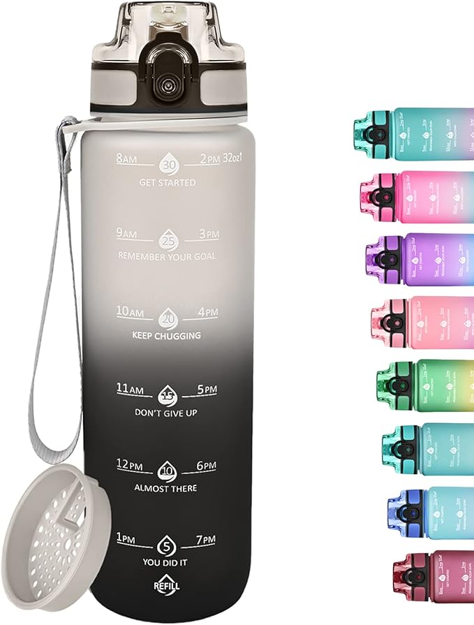 GOSWAG 32oz Motivational Water Bottles with Time Marker and Fruit Strainer, Sports Water Bottle with Times to Drink, Leakproof, Reusable Plastic Bottle with Strap no Straw for Gym, School