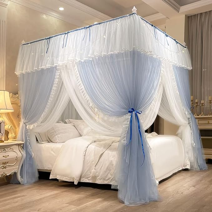 Mengersi Canopy Bed Curtains with Lights,4 Corner Bed Canopy Royal Luxurious Bed Drapes Netting,Princess Bed Curtains for Girls Adults Bedroom Decoration (Gray Blue, Queen)