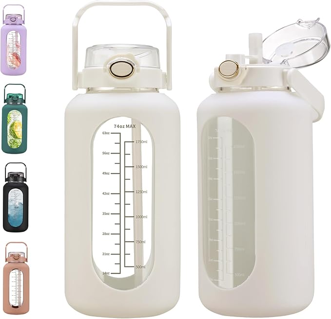 74 oz Glass Water Bolttles with Straw Large Motivational Water Bottle with Time Marker Sports Water Bottles with Silicone Sleeve and Handle Lid 2.2L Water Jug for Gym Workout