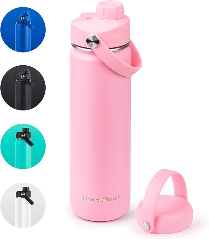 ThermoProof Hot & Cold Insulated Stainless Steel Water Bottle, Durable Leak Proof Gym Bottles for Men, Women & Kids, Double Walled Vacuum Bottles - 2 Lids (Pink, 22oz)