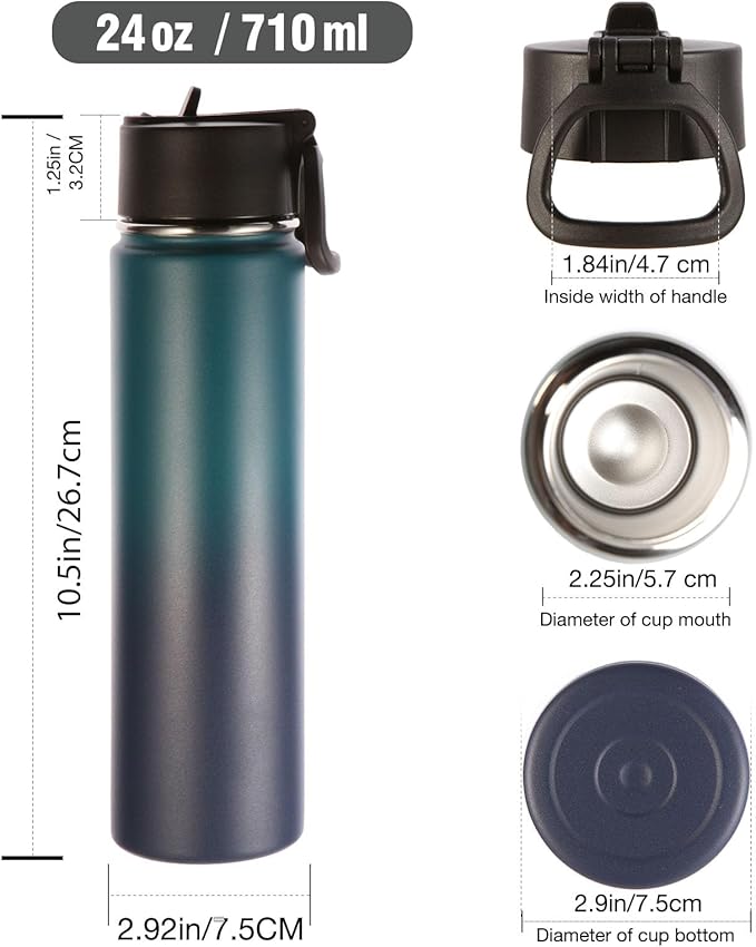 Volhoply 24oz Insulated Water Bottle With Straw Bulk 3 Pack,Metal Wide Mouth Water Bottles With Handle Keep Cold,Reusable Double Wall Thermos,Powder Coated Sport Bottle For Holder(Dark Night,3 Count)
