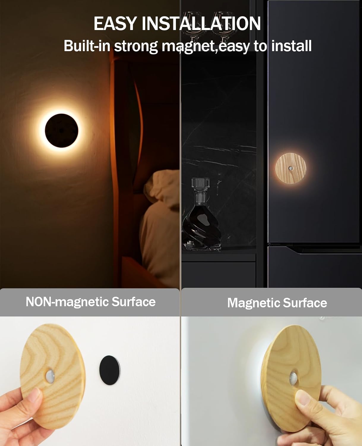 Motion Sensor Night Light Wood Rechargeable Battery-Powered Stick-On Step Lights Magnetic Closet Lights Warm Nightlight for Hallway Bedroom Stair (Ash Wood)