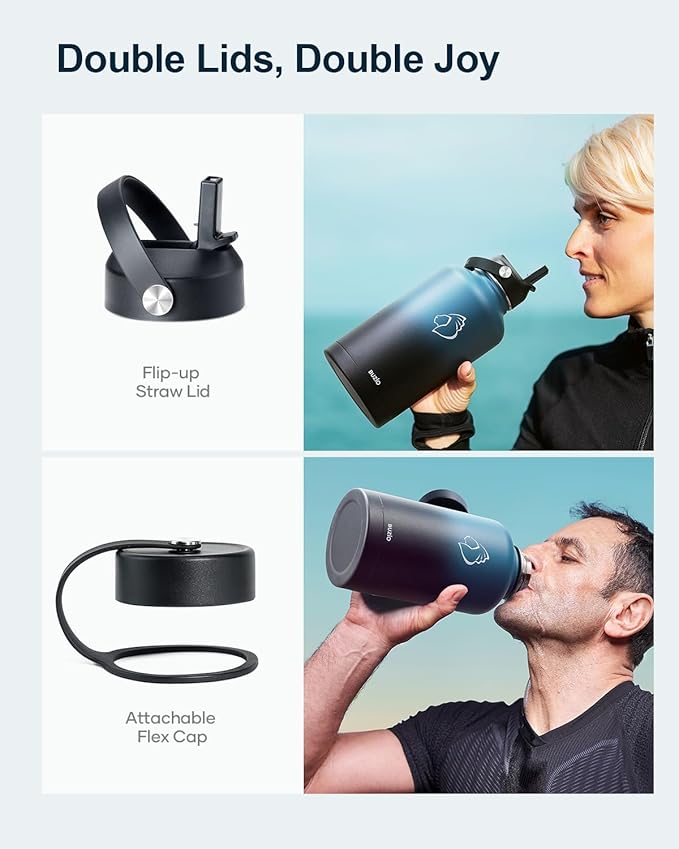 BUZIO Insulated Water Bottle with Straw Lid and Flex Cap, 64oz Double Wall Vacuum Stainless Steel Water Thermo Wide Mouth Lid, Cold for 48 Hrs Or Hot for 24 Hrs Sweat Proof Flask, Indigo Crush