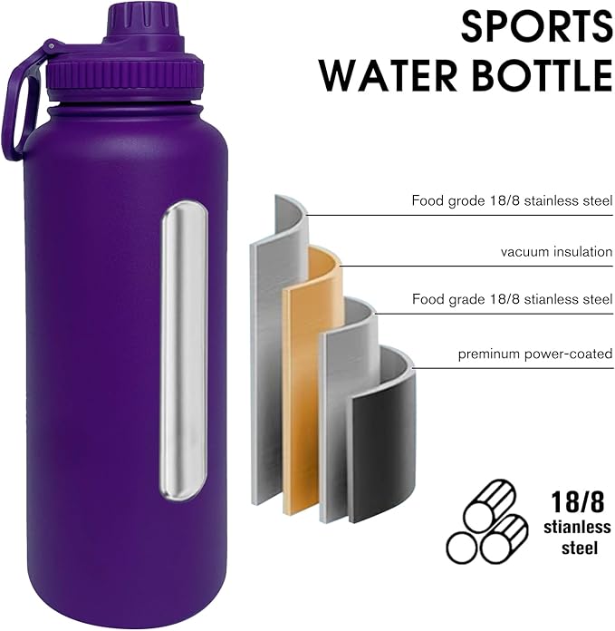 40oz Insulated Water Bottle ，Stainless Steel Sports Water Cup Flask with 2 Lids, Wide Mouth Travel Thermal Mug,Outdoor Sports Bottle（Purple）