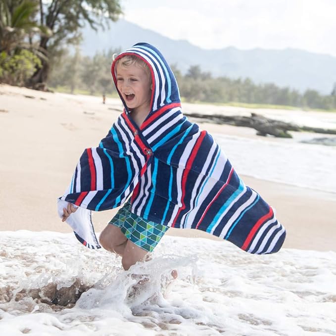 Kids Hooded Beach Towel Swimsuit Cover-up Wrap with Buttons (Red and Pink Floral Leopard, One Size) (Red White Blue Stripe)