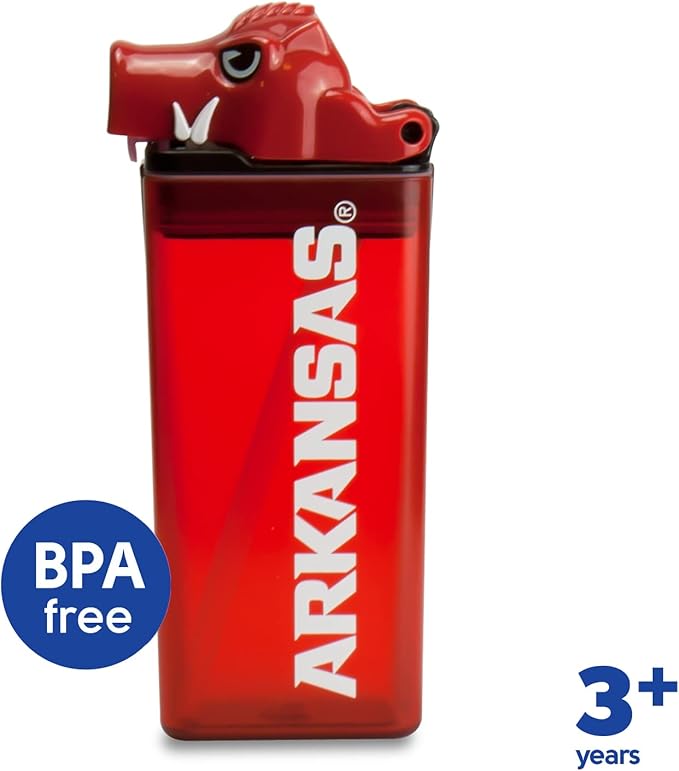 Reusable Water Bottle | Officially Licensed NCAA Sports Bottle | BPA Free | Dishwasher Safe | Big Red Mascot | 12 oz Drink in the Box - University of Arkansas