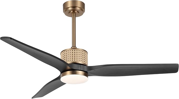 52" Ceiling Fan with Light and Remote, 3 Solid Wood Blades, Noiseless Reversible DC Motor Ceiling Fan with 4.5"/12" Downrods for Bedroom/Living Room/Porch (Gold/Black)