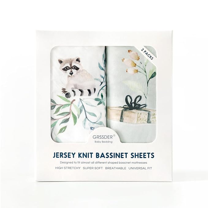 Stretchy Bassinet Mattress Sheets, Ultra Soft Bassinet Sheet 2 Pack, Universal Fitted for Oval Hourglass Rectangular Bassinet Mattress Pad Safe and Snug, Stylish Print Baby Sheets