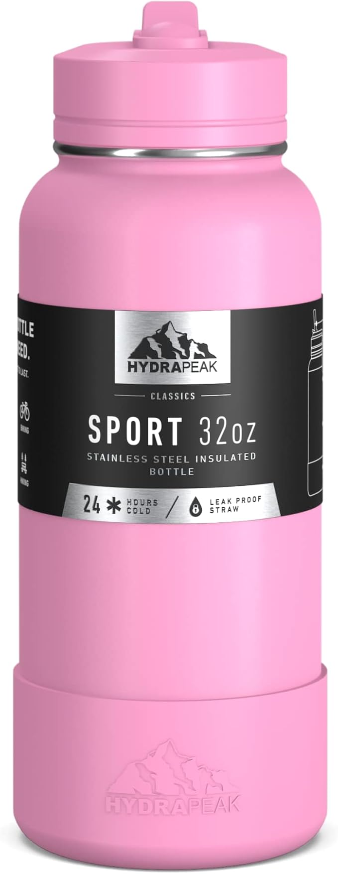 Hydrapeak 32oz Sport Insulated Water Bottle with Straw or Chug Lid, Leak & Spill Proof, Keeps Drinks Cold for 24 Hours, Hot for 12 Hours, Premium Stainless Steel Water Bottles (32oz, Bubblegum)