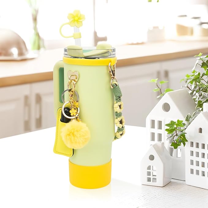 Stanley Cup Accessories Set Including 1 Pcs Water Bottle Handle Strap, 1 Pcs Siliocne Straw Cover, 1 Pcs Siliocne Stanley Cup Boot, 3 Pcs Stanley Charms for Stanley Cup 40oz & 30oz Tumbler - Yellow
