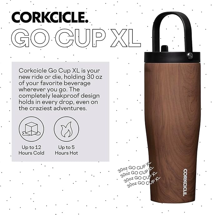 Corkcicle Go Cup XL Insulated Tumbler with Lid and Straw, Walnut Wood, 30 oz – Reusable Water Bottle Keeps Beverages Cold for 12hrs – Cupholder Friendly Tumbler, Leak-Proof Design
