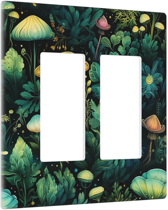 Green Dark Forest Mystical Mushroom 2 Gang Rocker Decora Light Switch Covers Dual Outlet Covers Wall Plate Decorative Switchplate Electrical Faceplate GFCI for Country Bathroom Bedroom Decor