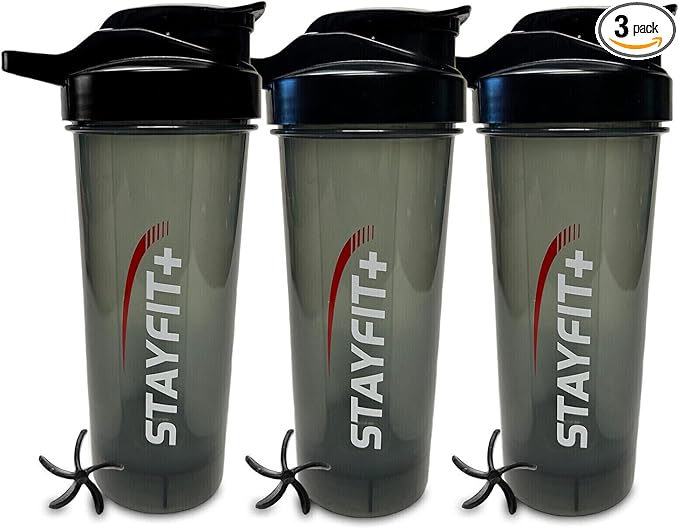 Stayfit Classic Loop Top Protein Shaker Bottle, 24-Ounce Pack of 3, Great for The Gym, Traveling, and Work, Comes with 3 Mixing Balls to Easily Mix Protein (Smoke)