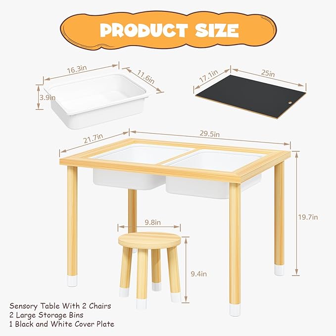 Sensory Table with 2 Stools, Wooden Kids Sensory Tables with Double-Side Board & 2 Storage Bins for Toddlers 1-3, Multipurpose Sensory Table for Boys and Girls Indoor/Outdoor Classroom Use