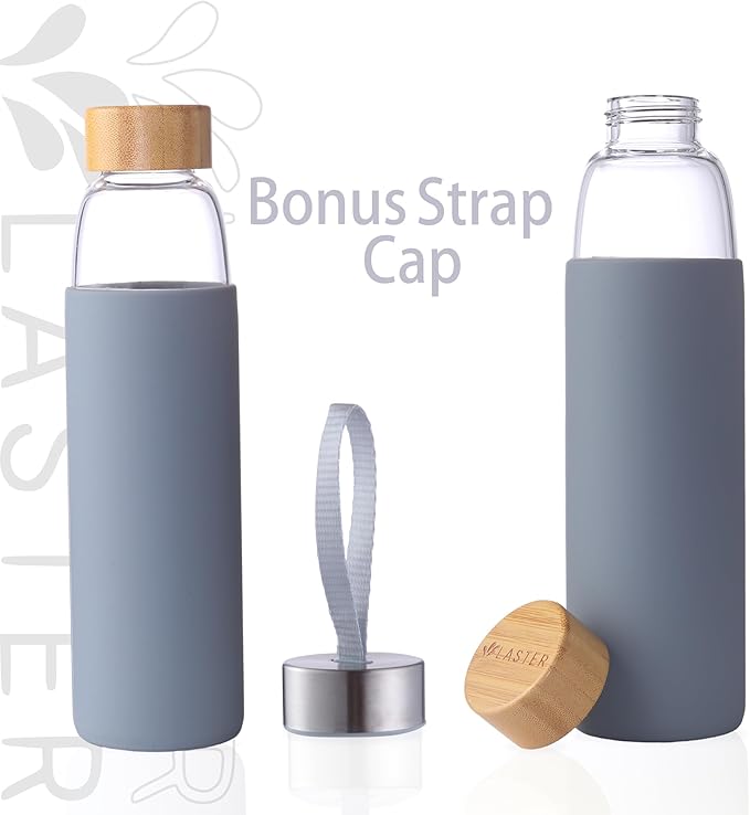 Laster Glass Water Bottle 20 Oz, 600 ml, made of Borosilicate Glass, 1 Bamboo & 1 Stainless Steel Lid, BPA Free, Non-Slip Silicone Sleeve (Grey)