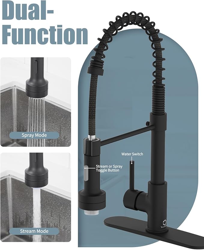 Black Kitchen Faucet with LED light,Kitchen Faucet with Soap Dispenser,Faucet for Kitchen Sink,Single Handle Stainless Steel Kitchen Sink Faucets with Pull Down Sprayer,Camper Farmhouse RV Sink Faucet