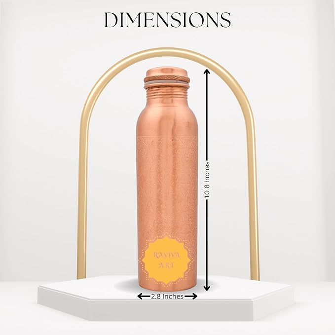 Pure Copper Metal Water Bottle - 32 oz - Indian Handmade Ayurveda Healing Drinking Water Bottle for Travel, Hiking, Gym, Office, Outdoor - Glossy Etching