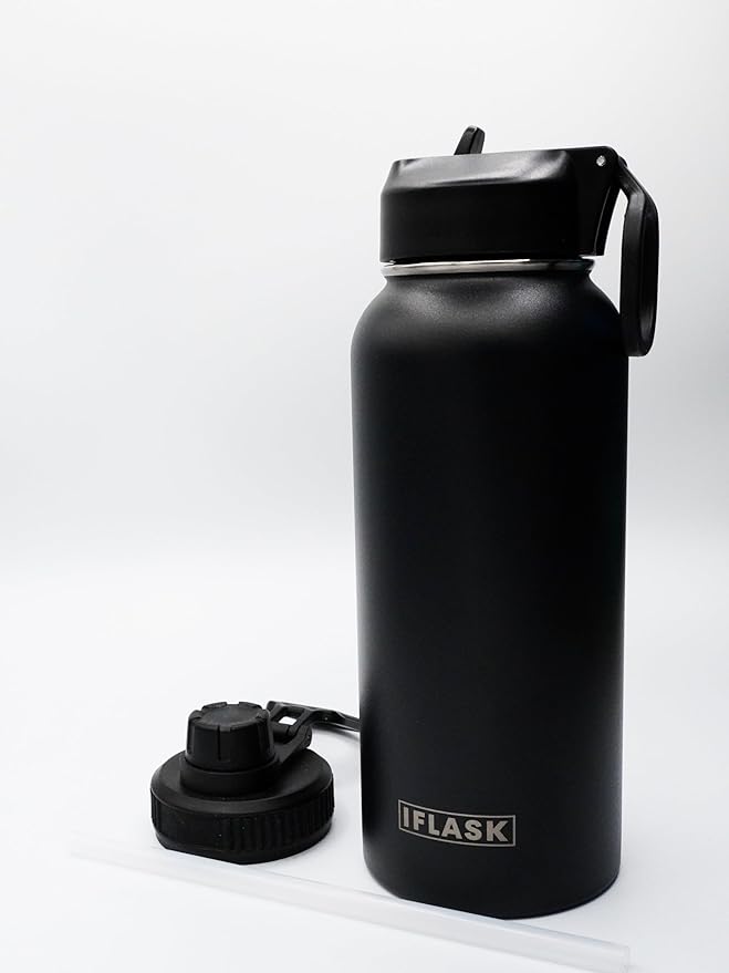 Sport Travel Outdoor Water Bottle with Spout and Straw Lids | Leak Proof | Insulated Stainless Steel Double Walled | BPA and Sweat free | Hot & Cold | For Kids Men & Women (Black, 32 oz)