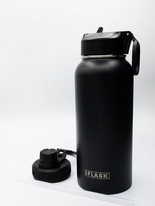 Sport Travel Outdoor Water Bottle with Spout and Straw Lids | Leak Proof | Insulated Stainless Steel Double Walled | BPA and Sweat free | Hot & Cold | For Kids Men & Women (Black, 32 oz)