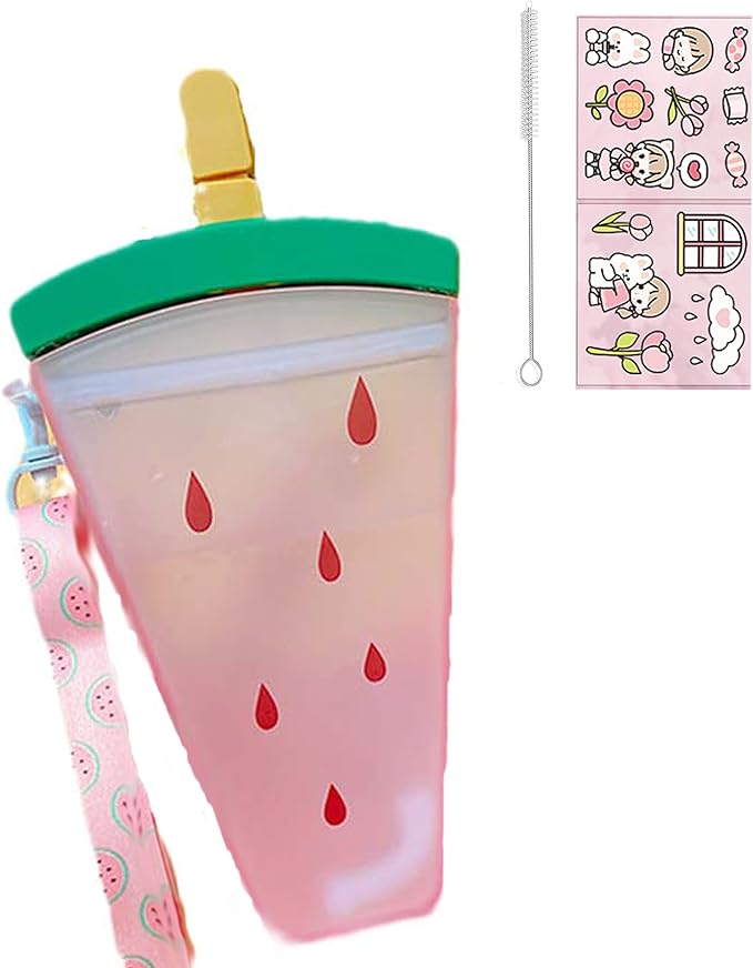 Travel Cup with Straw Birthday Party Gift Picnic Ice Water Bottle Travel Mug with Strap (Ice Cream Watermelon, 320 ml)