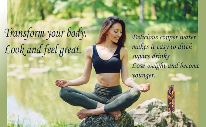 Pure Copper Water Bottle - Handcrafted - Ayurveda health benefits - Large 35 oz - Leak proof - Easy to carry for Sports, Fitness, Yoga, School - Royal Blue Base Floral Golden Vines Enamel