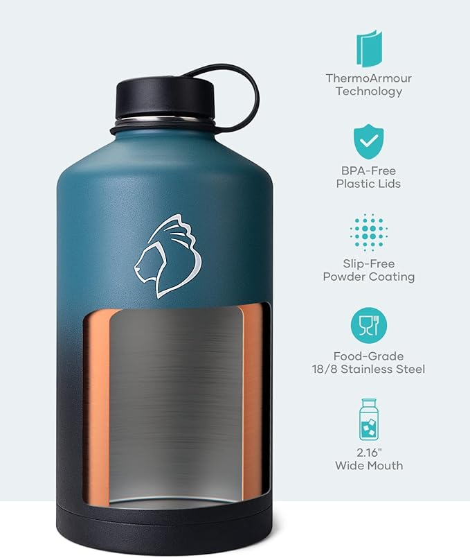 BUZIO 1 Gallon Water Jug with Straw Lid, 128oz Water Bottle Stainless Steel Double Wall Hydro Jug Water Flask 18/8 Food Grade Thermo Mug Keep Cold 48H & Hot 24H, Indigo Crush