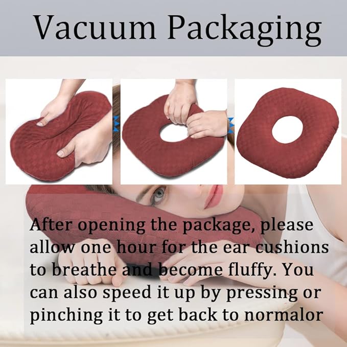 Ear Piercing Pillow for Side Sleepers, Pillow with an Ear Hole for CNH and Ear Pain Ear Inflammation Pressure Sores, O-Shaped Side Sleeping Pillow, Ear Guard Pillow(Dark Red)