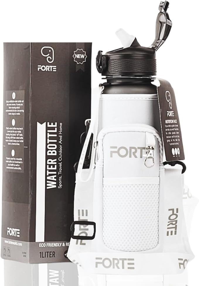 FORTE Plastic Water Bottle with Sleeve - BPA-Free Water Jug with Leak Proof Lid and Straw - Perfect for Gym, Office, and Everyday Use (White)