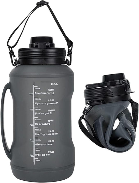 Collapsible Water Bottles 64oz with Removable Straw, Odorless BPA-Free Silicone, Leak-Proof Foldable Reusable Bottle - Perfect for Cruise Travel Sports Gym Hiking Camping Cycling - Black