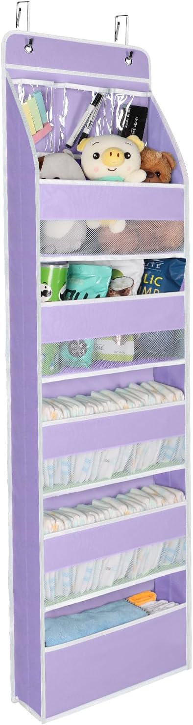 Univivi Door Storage Organizer Nursery Over the Door Organizer Baby Storage with 5 Large Pockets and 3 Small PVC Pockets for Cosmetics, Toys and Sundries (Purple)