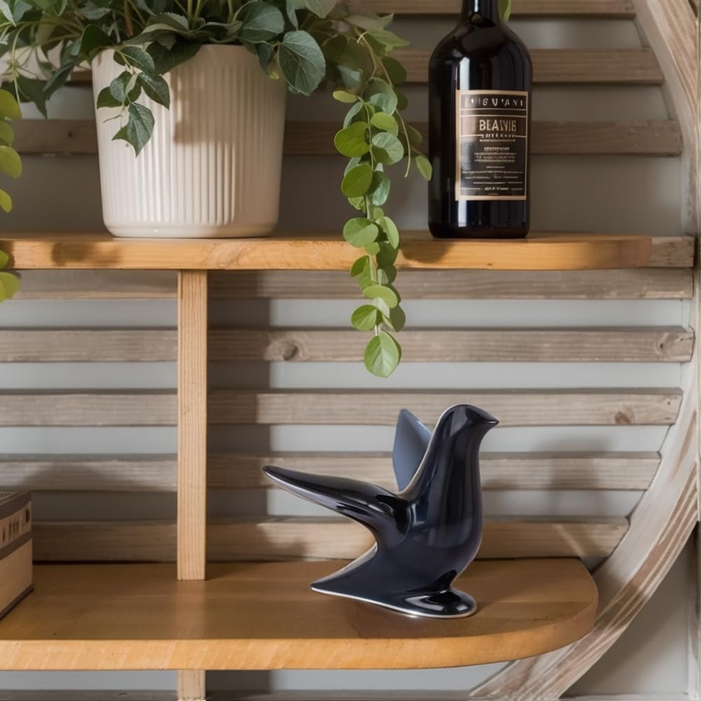 Modern Black Ceramic Bird Figurine – 5.1in Bird Statue for Home Decor Shelf or Table – Small Animal Sculpture Gift, Bird Room Decor, Bird Ornaments, Black Decor Accents