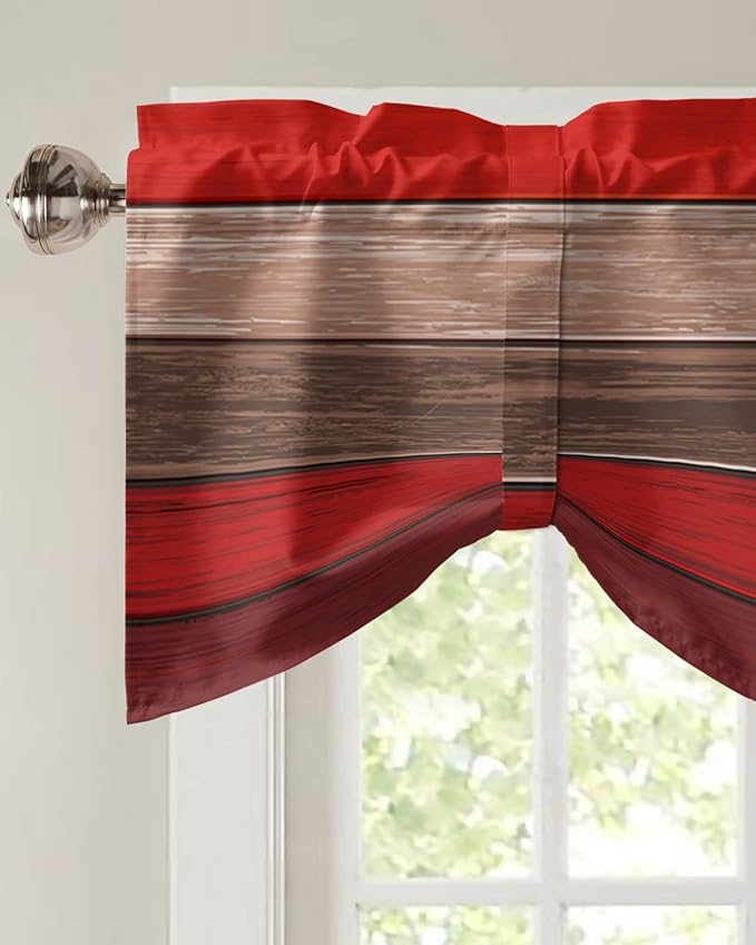 Farmhouse Blackout Tie Up Valance Curtains for Kitchen Windows, Christmas Red Brown Window Toppers Balloon Shades for Living Room/Bathroom/Bedroom,1 Panel,60" X 18" Retro Rustic Barn Wood Texture