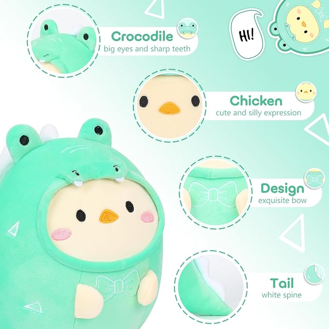 Cute Plush Crocodile Chicken Stuffed Animal Pillow, 8" Soft Kawaii Chick Plushie with Crocodile Outfit Gift for Kids