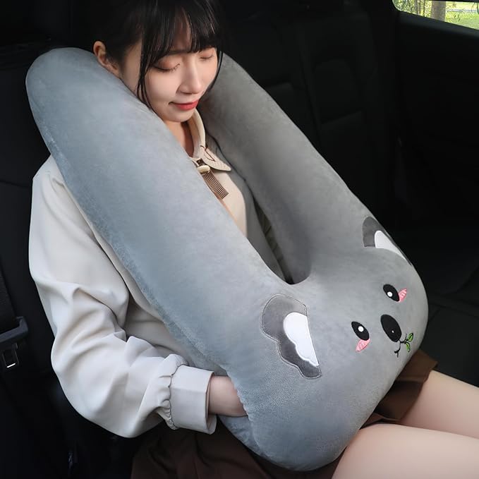 Kids Travel Pillow for Car Seat with Hand Muff, Cartoon Neck & Headrest Seat Belt Pillow for Car Road Trips Long-Distance Travel Sleeping Pillow for Adults and Children, Koala