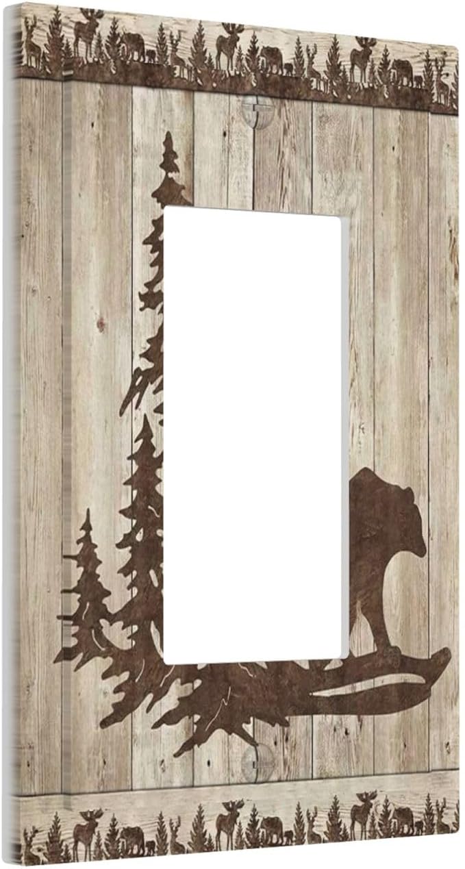 Rustic Wood Bear Forest 1 Gang Rocker Light Switch Plate Vintage Antique Cabin Single Decora Outlet Wall Plate Cover Faceplate Decorative Switchplate GFCI for Farmhouse Bathroom Bedroom Decorate