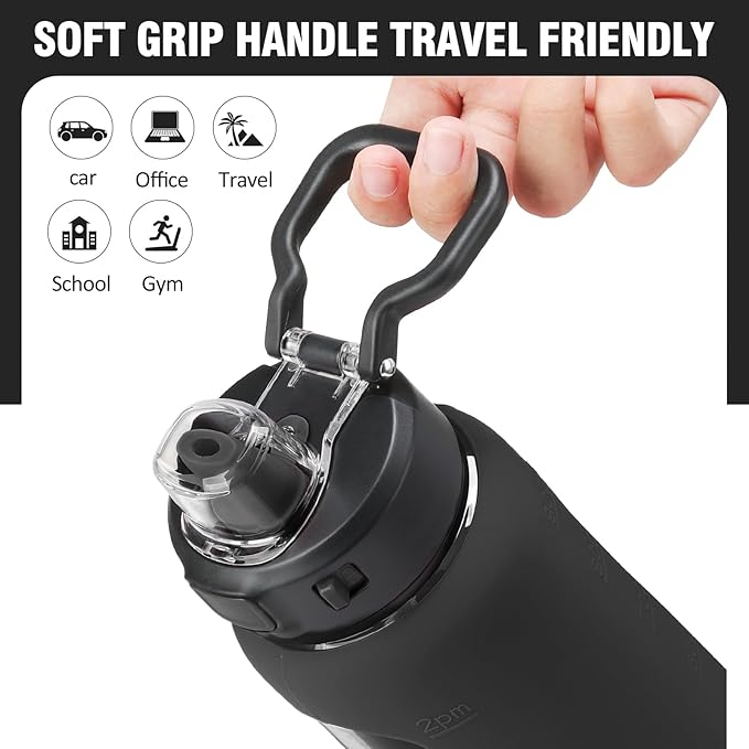 Kodrine Water Bottle with Soft Straw and Carry Loop, 32 oz Glass Water Bottle with Locking Lid, Clear Water Bottles Sports, Drinking Bottle for Travel Home Gym, Leakproof(Black)