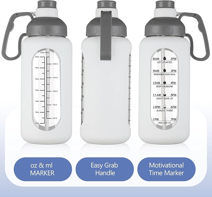 MUKOKO 64oz Glass Water Bottles with Straw, Half Gallon Water Bottle with Time Marker, Motivational Water Bottle with Silicone Sleeves,Large Glass Water Bottle for Gym,Working,Outdoor,White