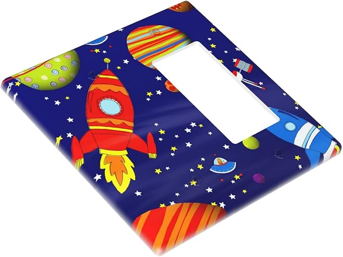 Space Astronaut Combo Single Blank 1 Rocker Light Switch Wall Plate Cover Decorative 2-Gang for Electrical Boys Kids Room Bathroom Bedroom Home Kitchen One Decora Receptacle 4.5" x 4.6"