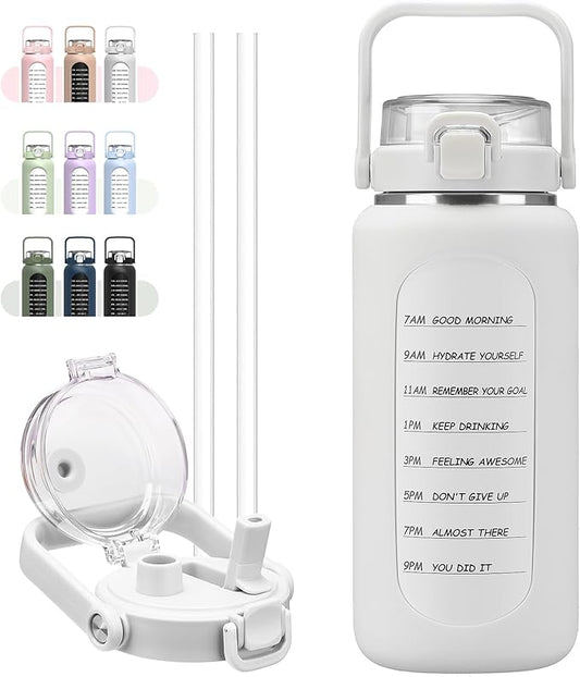 BLUEGO 64oz Insulated Water Bottle with Straw and Handle Leakproof Half Gallon Wide Mouth Motivational Water Bottle, 2-IN-1 Straw Spout Lid Stainless Steel Water Jug for Sport Travel Gym-White